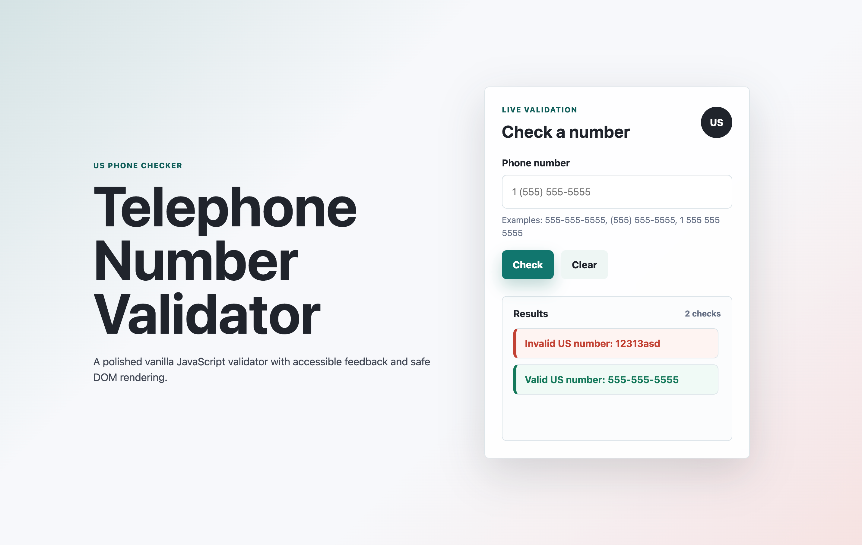 Screenshot of the Telephone number validator project